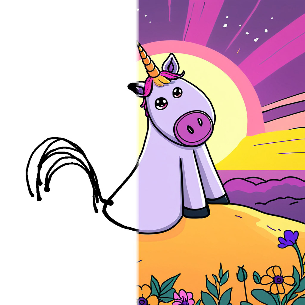 An image that shows the simple drawing of a unicorn on the left, and the AI enhanced version using the AI Scribble Studio.
