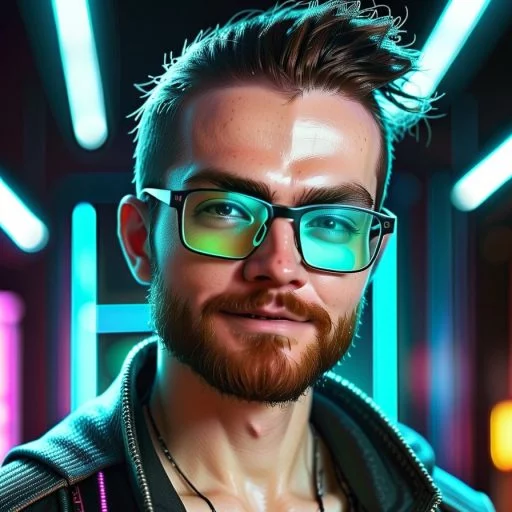 AI Portrait of a man's headshot with AI effects that appear to make him look like he is in a futuristic neon scene.