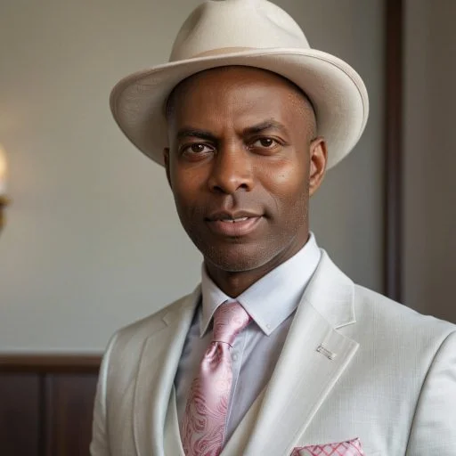 AI Portrait of a man in a light colored suit with a hat.