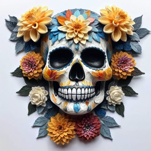 Image of a sugar skull with flowers around it created by the AI Scribble Studio.