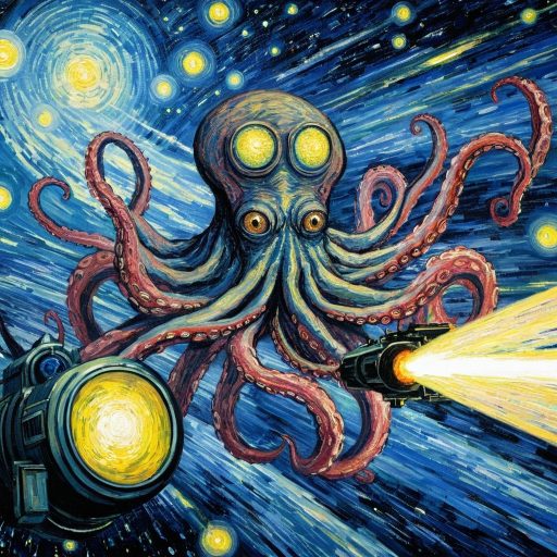 Image of an octopus holding a flashlight in space created by the AI Scribble Studio.