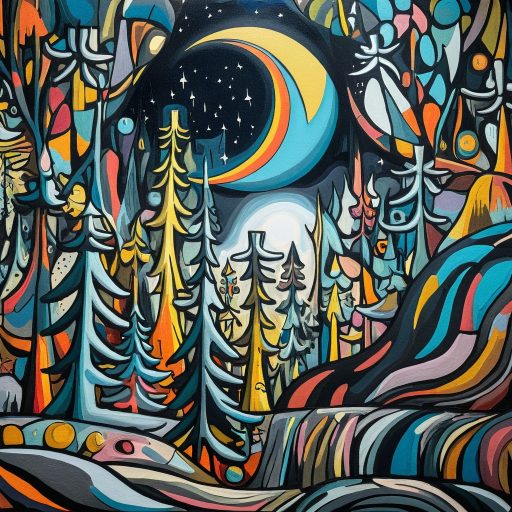 Image of a forest at night with cartoon qualities that was created with the AI Scribble Studio.