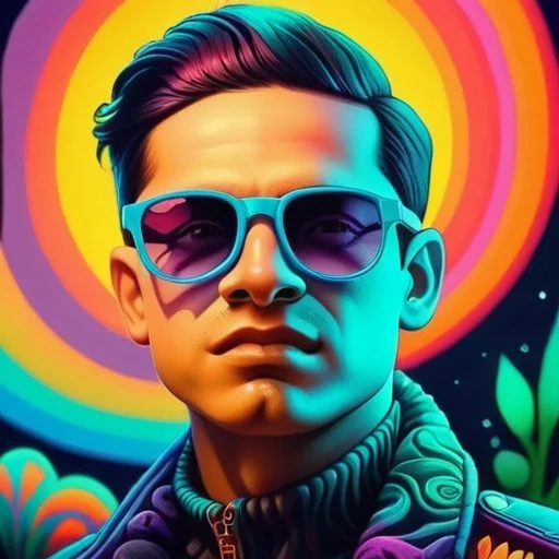 AI portrait of a man wearing sunglasses with a rainbow sky behind him