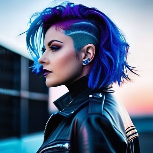 AI image of a woman in a motorcycle jacket with blue and purple hair
