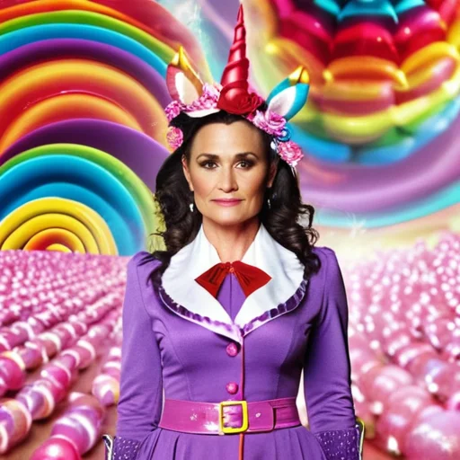 AI portrait of a woman wearing a unicorn headband with a candy background