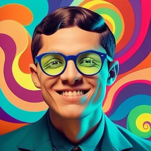 AI portrait of a man wearing glasses and a psychedelic background