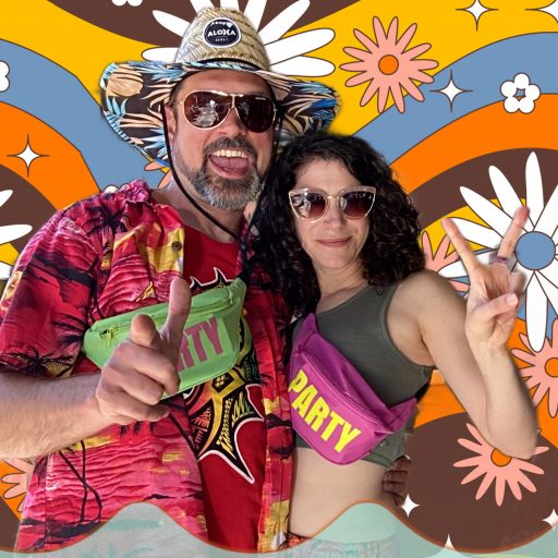 image of a man and a woman with a hippie background
