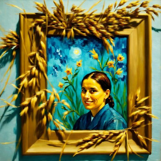 AI image of a woman in a gold frame with wheat around the sides