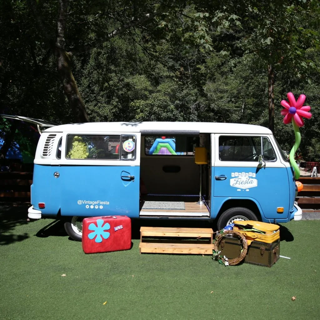 blue VW bus photo booth from the side
