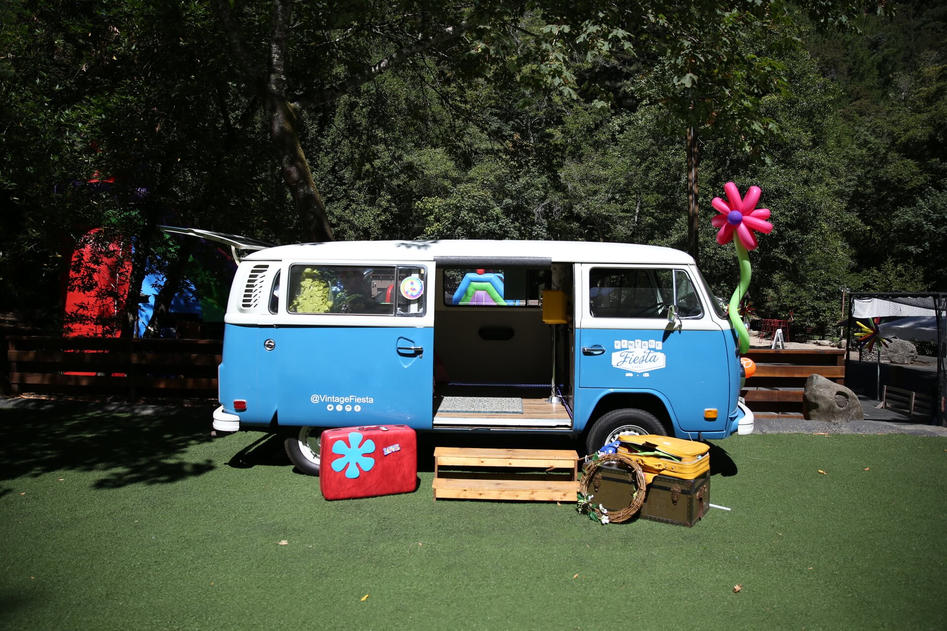 blue VW bus photo booth from the side